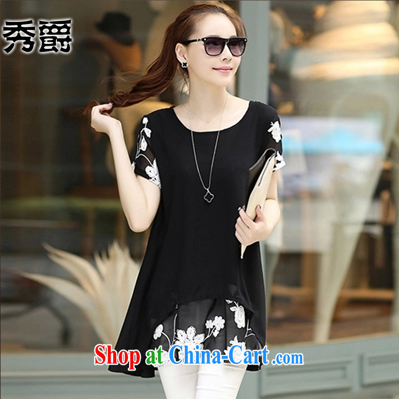 Lord show 2015 summer new Korean version of the greater code female short-sleeve snow woven shirts loose video thin thick MM dress 6047 black XL