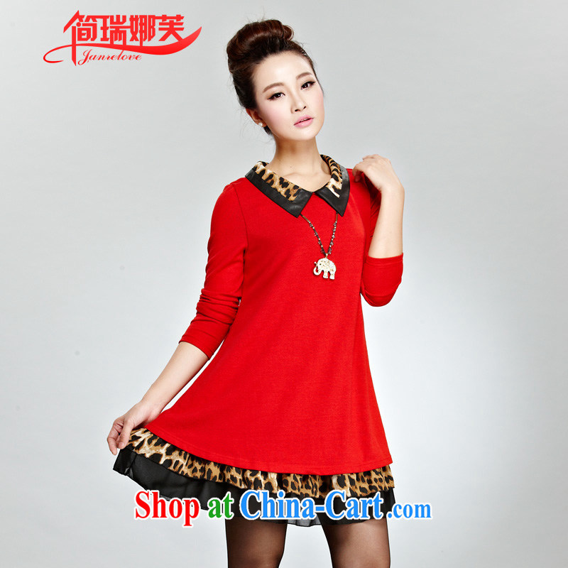 In short, the possible fall 2014 with new thick MM and indeed intensify, Leopard stitching leave of two long-sleeved dresses female J 122 red 4 XL, in short, would be (Janrelove), online shopping