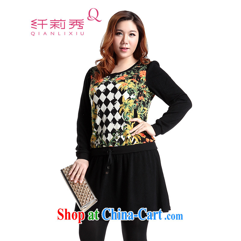 Slim Li-su 2014 autumn and winter new large, stylish girl false two retro stamp beauty graphics thin A swing knitting dress Q 6115 black L