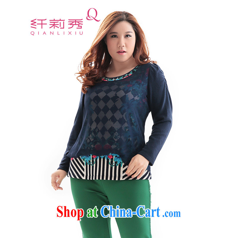 Slim Li-su 2014 autumn and winter new large, stylish girl false Two stamp beauty graphics thin ice woven knitted solid shirt Q 6119 blue XL