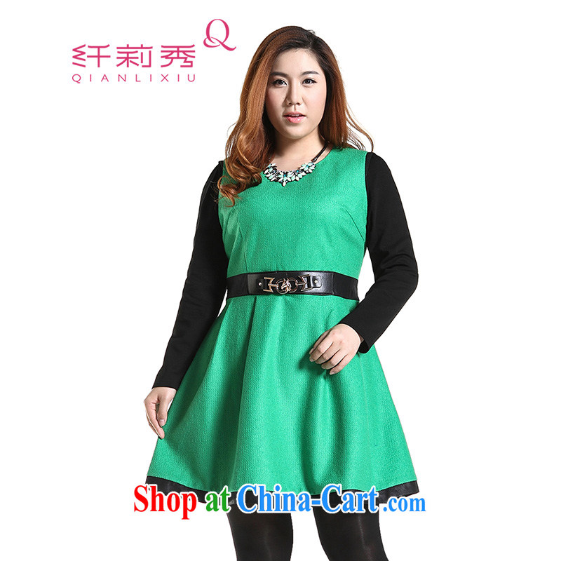 Slim Li-su 2014 autumn and winter new, large, modern female knocked color stitching PU leather round-collar leisure A gross before it dresses Q 6568 green 4 XL