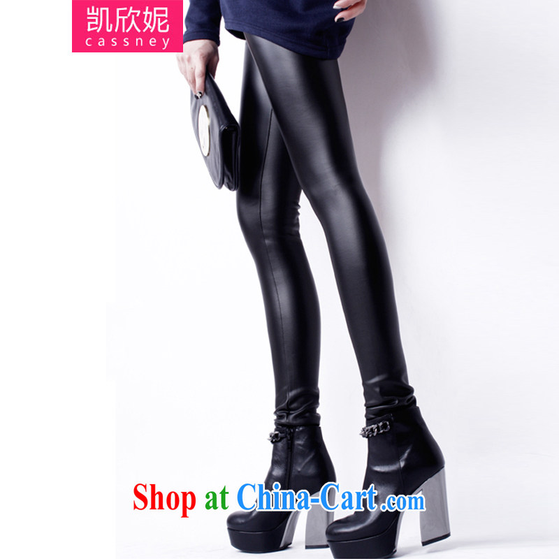 Kaixin Connie 2014 autumn and winter new Korean version thick MM graphics thin the lint-free cloth tight trousers leather pants pants solid light-sensing carbon black leather pants 6 XL, Kaixin Connie, and shopping on the Internet