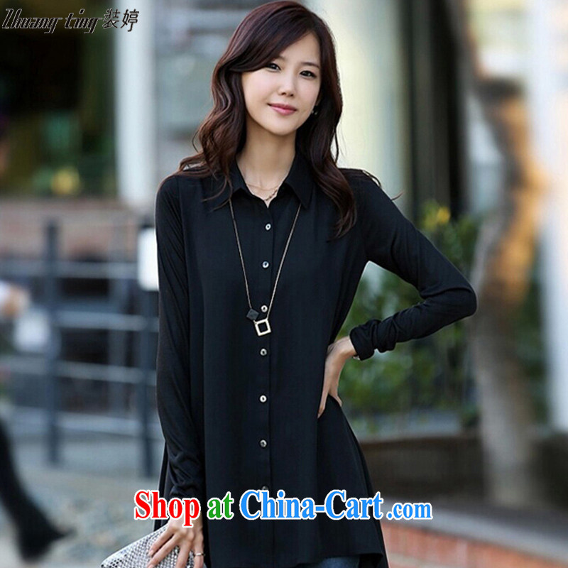The load-ting zhuangting -- autumn 2015 new Korean version of the greater, female, long-long-sleeved T-shirt snow woven lapel shirt 2013 black 5 XL