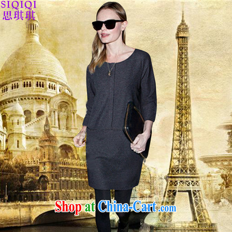 The Qi Qi 2015 spring, dresses, thick MM Europe the code beauty graphics thin, long, solid-colored long-sleeved knitted dress LYQ 1070 black 5 XL