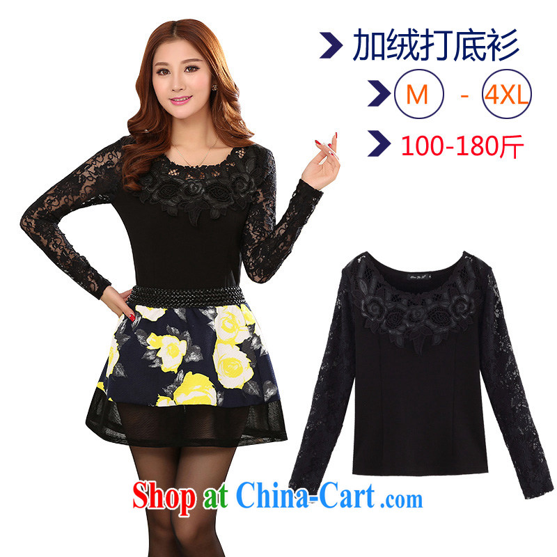 Package e-mail delivery and indeed warm winter lace T-shirt 2014 new black fine decals lady OL 100 solid ground T-shirt the lint-free cloth warm T shirts T-shirt black 2XL