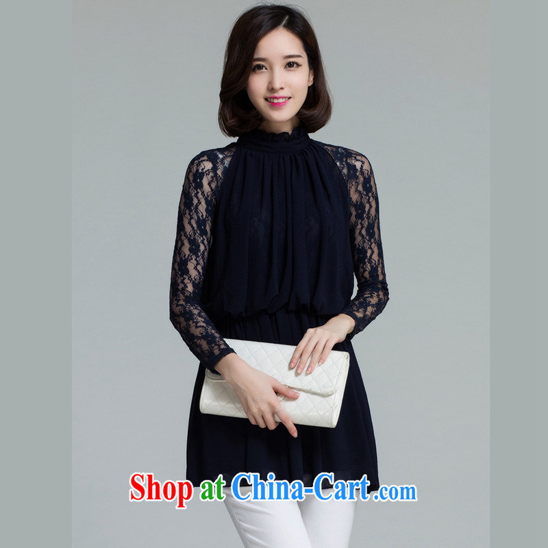 Constitution yi han edition 2015 spring new XL female small shirt thick MM-waist graphics thin ice woven High-round-collar Yuen about the temperament lace leave of two blue 4 XL 150 - 165 jack, constitution, and shopping on the Internet