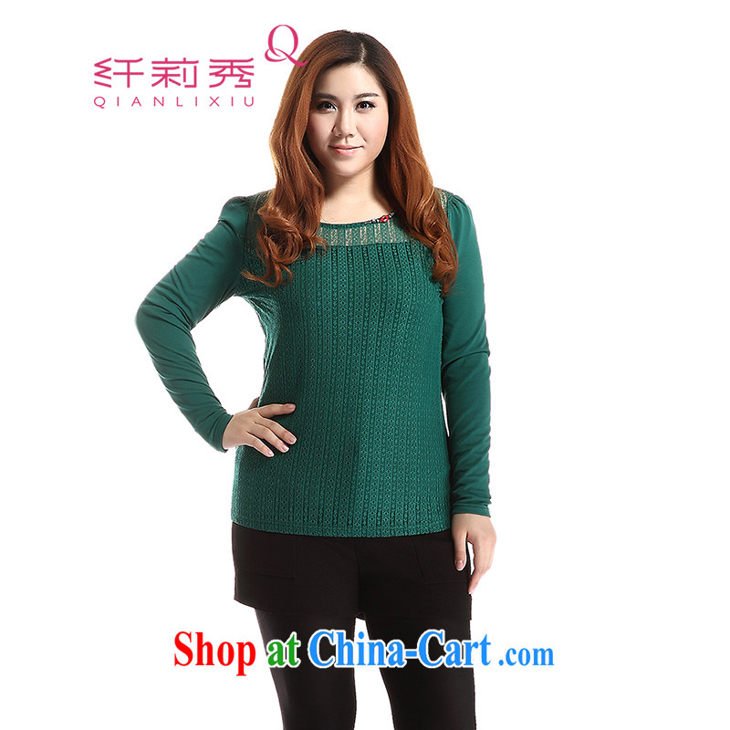 Slim Li Su-new, larger female graphics thin lace round-collar long-sleeved T-shirt solid Q 6185 dark green thick XL