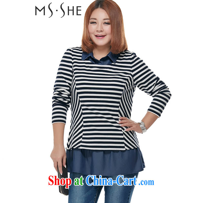 The MsShe Code women spring 2015 long-sleeved-T shirt T-shirt clearance 2223 blue-and-white 5XL