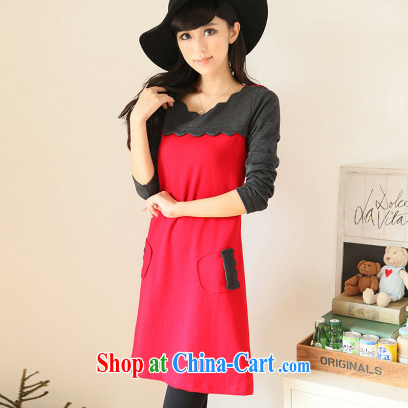 King, female 200 Jack spring Korean retro stitching and indeed increase graphics thin long-sleeved thick mm dresses red spell gray knocked color XL _weight 180 - 200 Jack through_