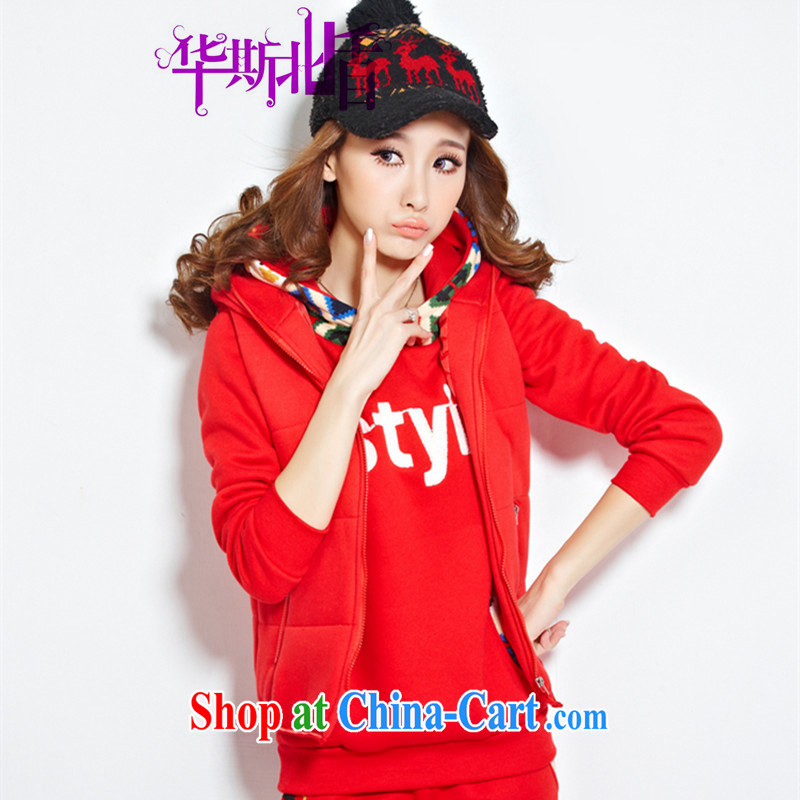 fall and winter new stylish girl letters long-sleeved sweater large code package the lint-free cloth thick fashion style beauty graphics thin T-shirt jacket, a trousers 3-Piece female Red XXXL, China, North Korea, and shield, and shopping on the Internet
