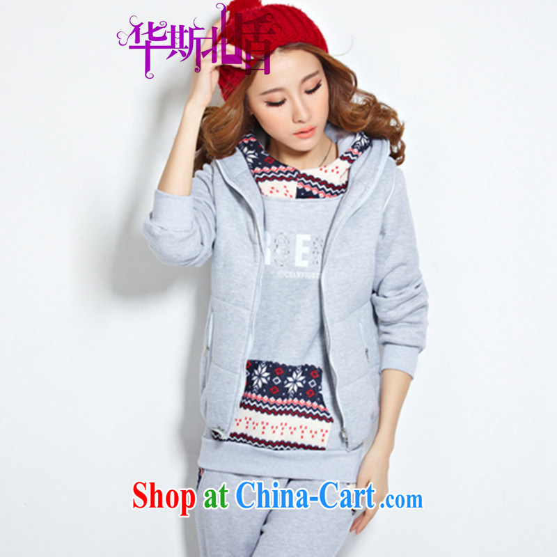 Autumn and Winter, new college, and stylish appearance beauty graphics thin the lint-free cloth thick knitting stamp hot drill T-shirt jacket, a trousers 3-Piece female light gray XXXL and North shields, shopping on the Internet