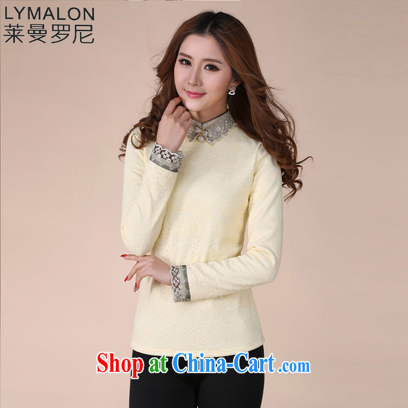 Lehman Ronnie lymalon 2015 winter clothes new, Korean version of the greater code female decoration, the lint-free cloth thick lapel lace solid shirt 1066 apricot 5 XL