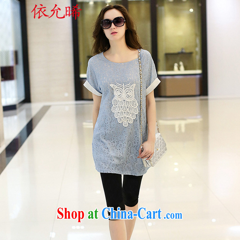 According to Lucille Chung 2015 summer on the new larger female lace graphics thin T pension B 1929 blue 3 XL