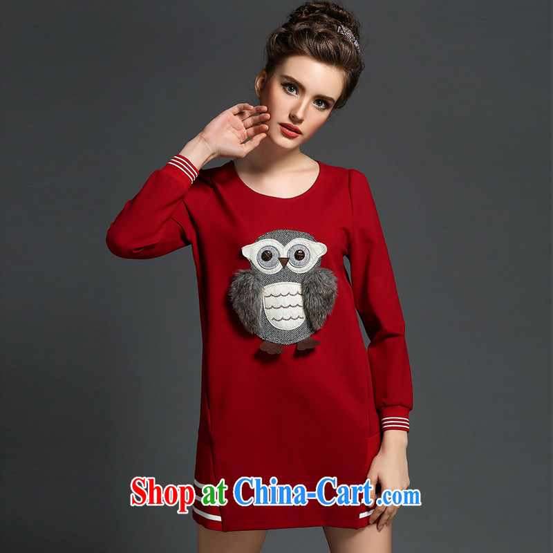 Emma 2014 fall_winter new women with thick MM and indeed increase owl posted the embroidery stitching A field cultivating dresses wine red 5 XL _90 - 100 _ KG