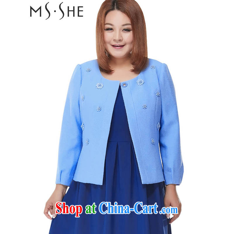 MSSHE XL women 2015 spring-pin elegant Pearl round-collar jacket beauty short clearance 2467 blue 4 XL
