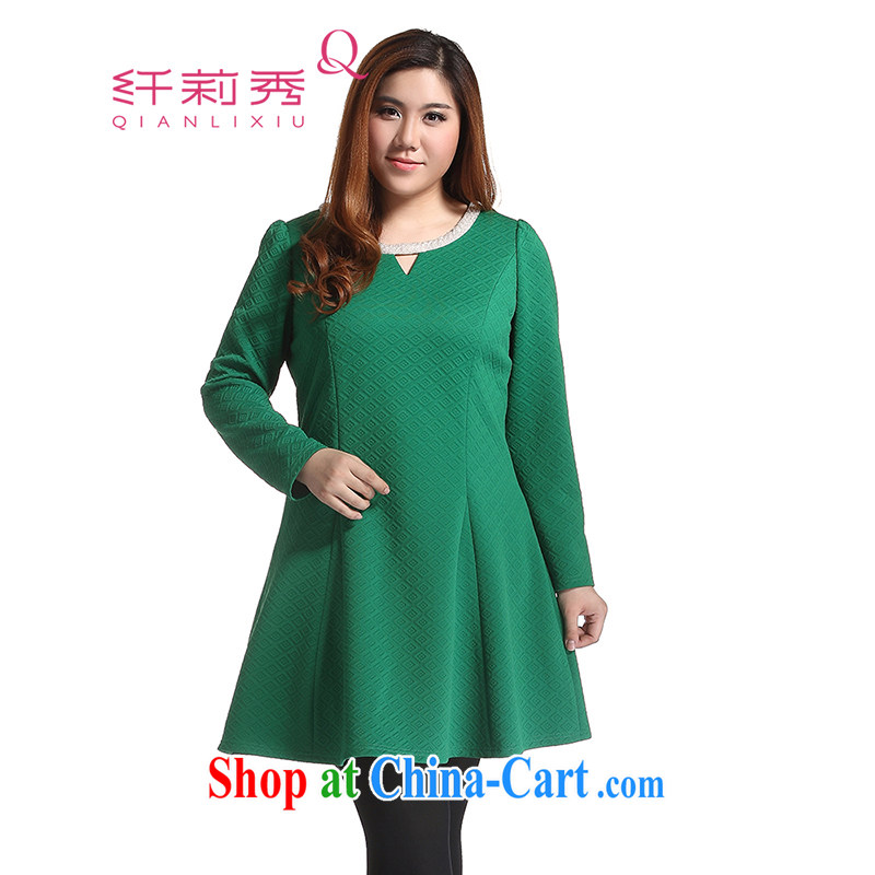 Slim Li-su 2014 autumn and winter new, larger female high-end aura OL Bead Chain with round collar A beauty with long-sleeved dresses Q 6723 green 4 XL