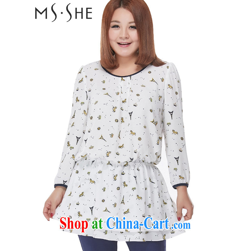 MSSHE XL female snow woven shirts 2015 summer new round-collar stamp flouncing snow woven shirt short-sleeved T-shirt 2501 white long-sleeved stamp duty 5 XL