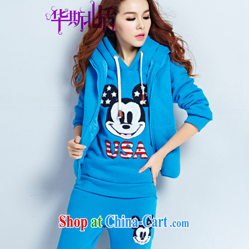 Winter clothing new Korean style beauty graphics thin large code M, embroidery and lint-free cloth thick cap sweater stylish coat, a trousers 3-Piece female blue XXXL belongs to only you