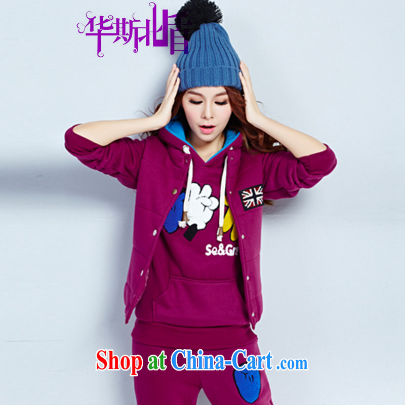 Winter clothing new Korean version the code the lint-free cloth thick fingers embroidered fashion beauty style graphics thin trousers, a jacket 3 piece set girls fuchsia XXXL