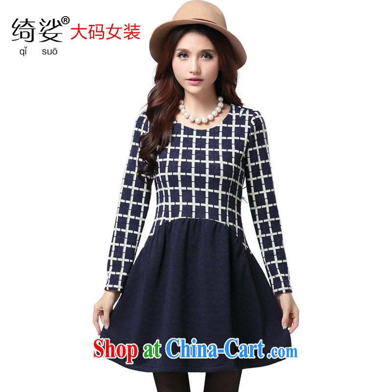 cheer for thick MM autumn and winter, the larger female Korean grid stitching and indeed increase, long-sleeved dress of the 2527 royal blue 5 XL