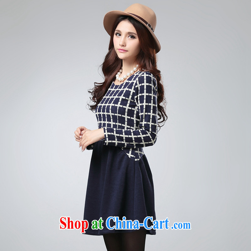 cheer for thick MM autumn and winter, the larger female Korean grid stitching and indeed increase, long-sleeved dress of the 2527 royal blue 5 XL, cheer for (qisuo), and, on-line shopping