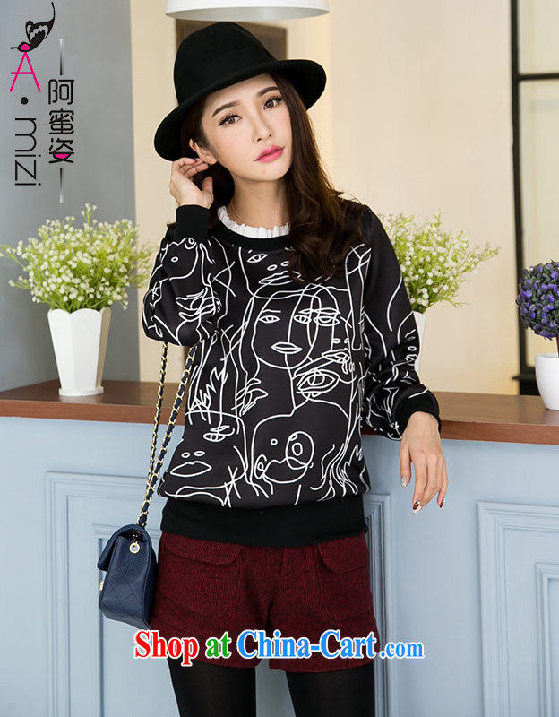 The honey beauty mm thick larger female spring Korean version with abstract, the stamp duty and graphics thin leisure, Yi 9343 black XL code recommendations 120 140 jack