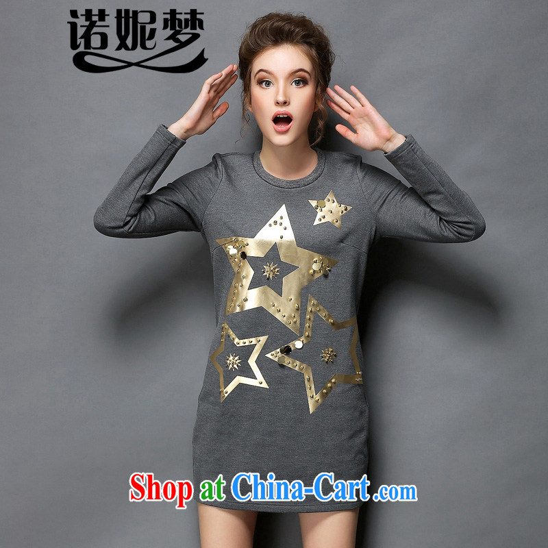 The Connie was a high-end European and American large code female 2014 autumn and winter new thick mm 5 star stamp nail Pearl graphics thin long-sleeved dresses G 605 gray XXXXXL