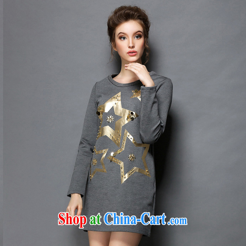 The Connie was a high-end European and American large, female 2014 autumn and winter new thick mm 5 star stamp nail Pearl graphics thin long-sleeved dresses G 605 gray XXXXXL, Anne's dream, shopping on the Internet