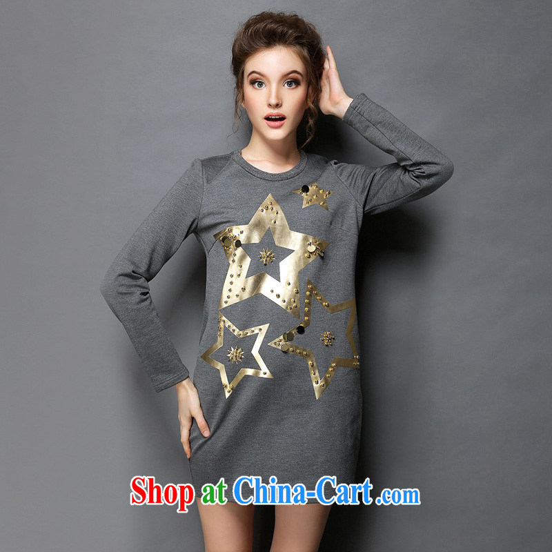 The Connie was a high-end European and American large, female 2014 autumn and winter new thick mm 5 star stamp nail Pearl graphics thin long-sleeved dresses G 605 gray XXXXXL, Anne's dream, shopping on the Internet