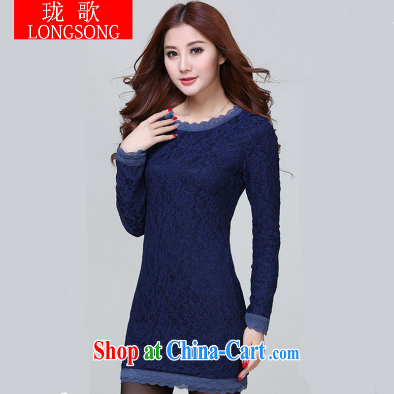 Vicky Ling Song 2014 new winter clothing solid dresses female beauty package and thicken the lint-free cloth solid long-sleeved T-shirt dresses, winter 1218 L dark blue XXXL