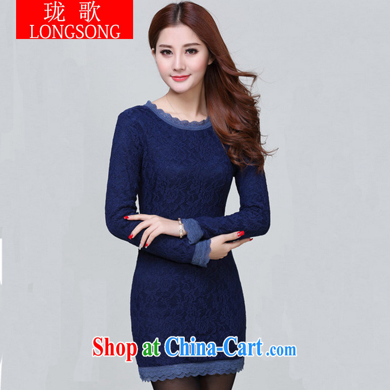 Vicky Ling Song 2014 new winter clothing solid dresses female beauty package and thicken the lint-free cloth solid long-sleeved T-shirt dresses, winter 1218 L dark blue XXXL, long song (LONGSONG), online shopping