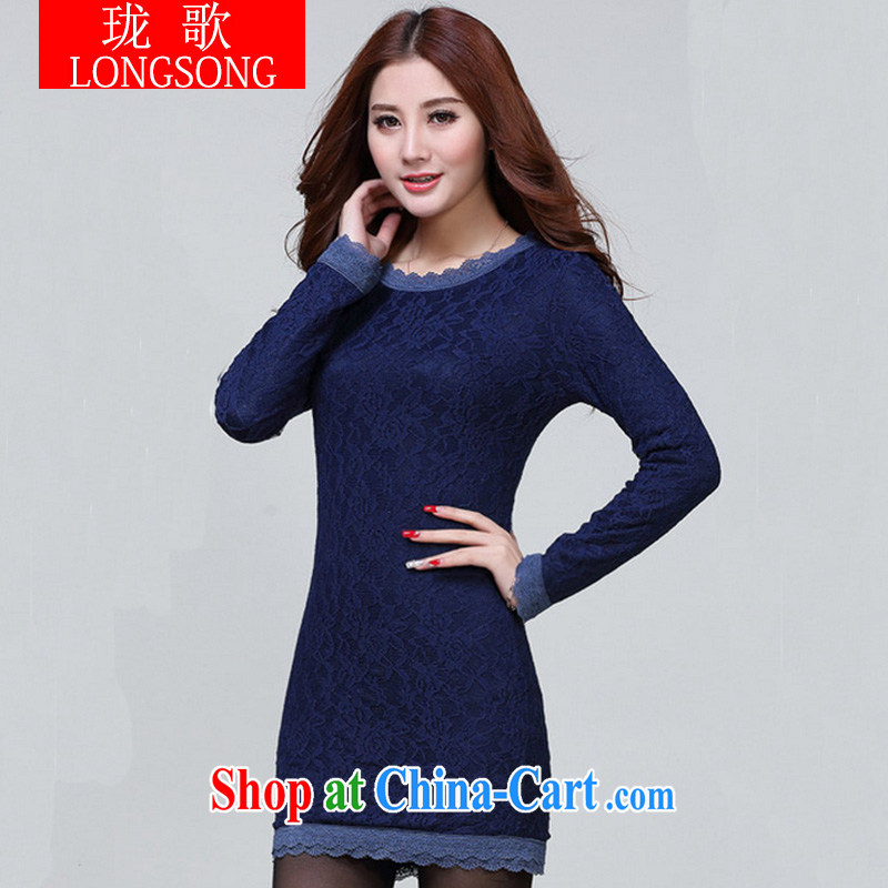 Vicky Ling Song 2014 new winter clothing solid dresses female beauty package and thicken the lint-free cloth solid long-sleeved T-shirt dresses, winter 1218 L dark blue XXXL, long song (LONGSONG), online shopping
