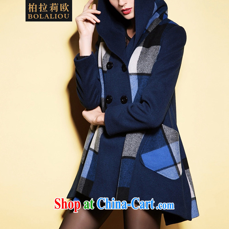 Bo-li European Women 2014 winter clothing, female, long, checkered wool? The coat jacket girls 61,327 blue, 2 XL