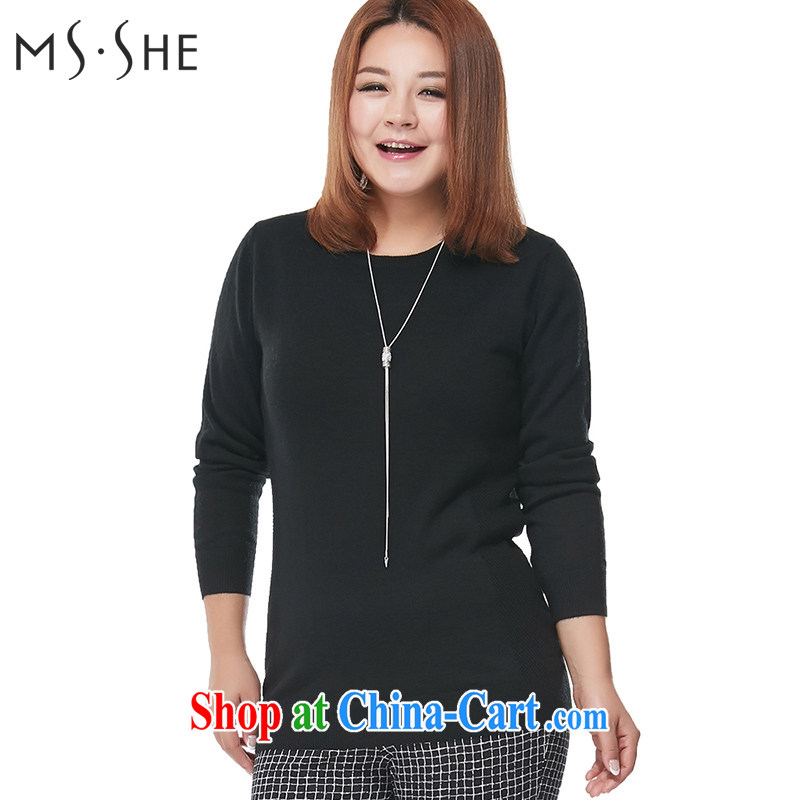 MSSHE XL ladies' 2015 spring fashion 100 ground Solid Color round-collar long-sleeved fleece knitted T-shirt 7437 black 3 XL