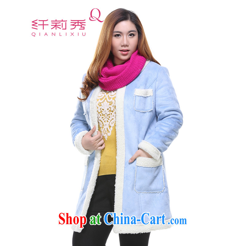Slim LI Sau 2014 winter new larger female round-collar, long leather jacket coat Q 6662 powder blue 4XL