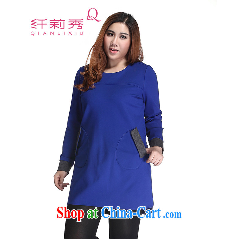 Slim Li-su in winter, the code female graphics thin features collision color pocket round-collar and long-sleeved dresses Q 6710 blue XL