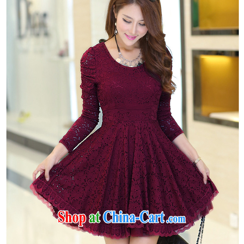 Well-being, spring 2015 new lace flouncing cultivating graphics thin shoulders bubble Ms. long-sleeved solid-skirt wine red 2 XL code