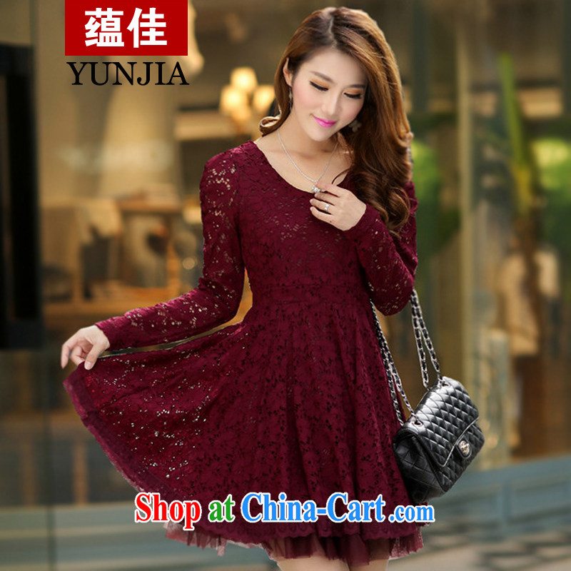 Well-being, spring 2015 new lace flouncing cultivating graphics thin shoulders bubbles, Ms. long-sleeved solid-skirt wine red 2 XL code, better, shopping on the Internet