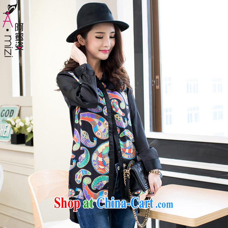 The honey beauty mm thick larger female personality Yin mei long-sleeved lapel beauty graphics thin stamp snow woven shirts women 9078 black XXXXL totem, the honey, and the Code women, shopping on the Internet