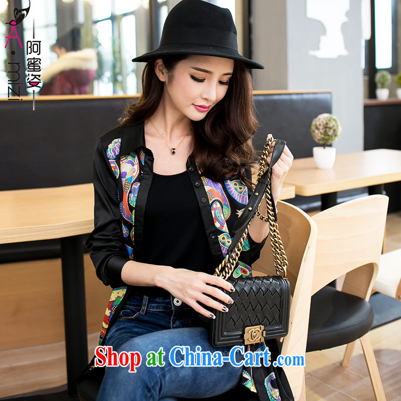The honey beauty mm thick larger female personality Yin mei long-sleeved lapel beauty graphics thin stamp snow woven shirts women 9078 black XXXXL totem, the honey, and the Code women, shopping on the Internet
