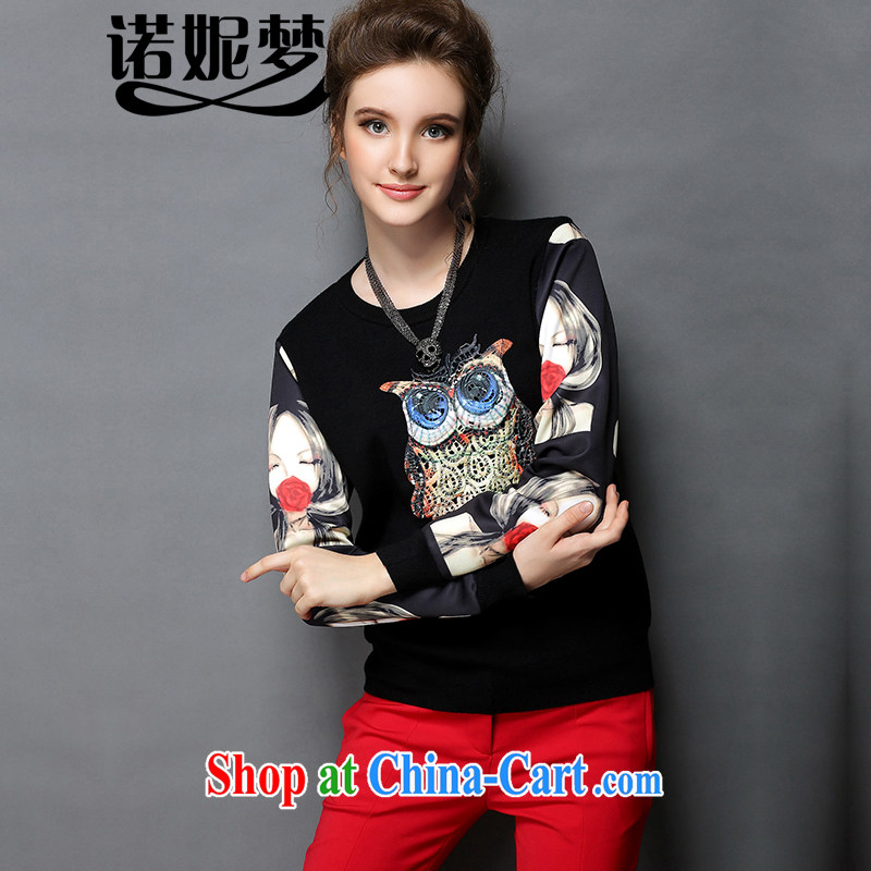 Connie's dream high-end in Europe and indeed the XL women 2015 spring new owl embroidery stitching stamp solid long-sleeved T-shirt girl T shirt T-shirt G 359 black XXXXXL