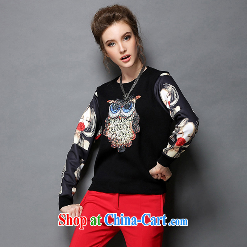Connie's dream high-end in Europe and indeed the XL women 2015 spring new owl embroidery stitching stamp duty solid long-sleeved T-shirt girl T shirt T-shirt G 359 black XXXXXL, Connie dreams, the Code women's clothes, and shopping on the Internet