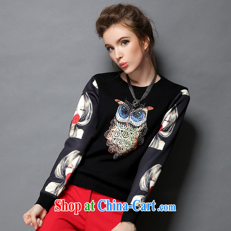 Connie's dream high-end in Europe and indeed the XL women 2015 spring new owl embroidery stitching stamp duty solid long-sleeved T-shirt girl T shirt T-shirt G 359 black XXXXXL, Connie dreams, the Code women's clothes, and shopping on the Internet