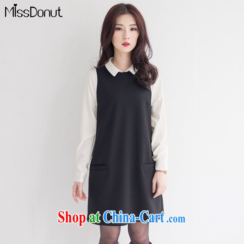 MissDonut spring 2015 new larger female Korean thick mm video thin long-sleeved solid dolls collar skirt black long sleeved large code L