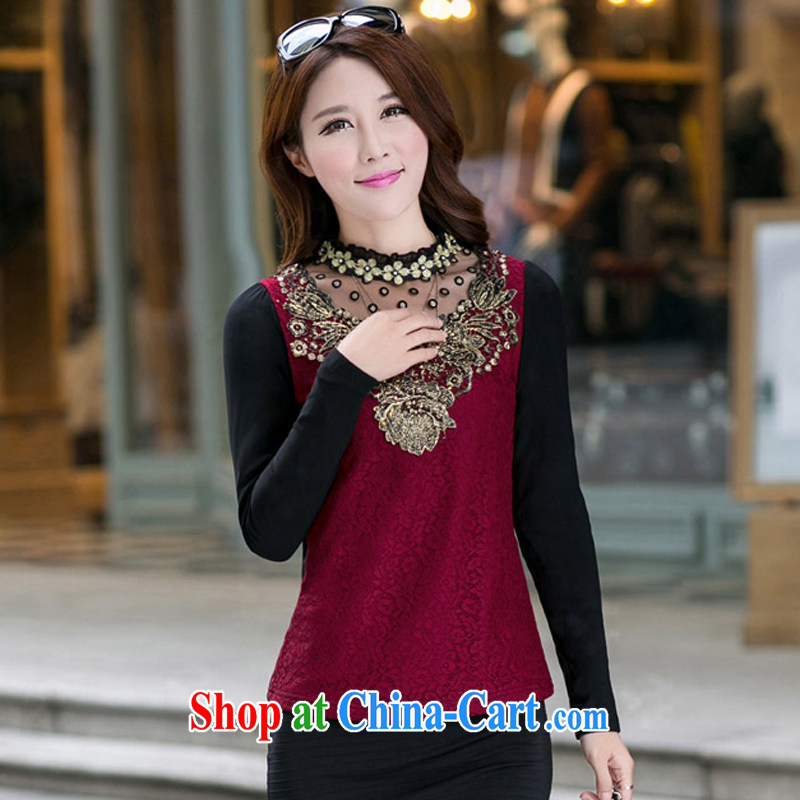 Rvel 2015 spring new Korean version graphics thin XL girls with the lint-free cloth thick T-shirt sexy Openwork long-sleeved lace snow woven shirts female D 204 red 4 XL, Rvel, shopping on the Internet
