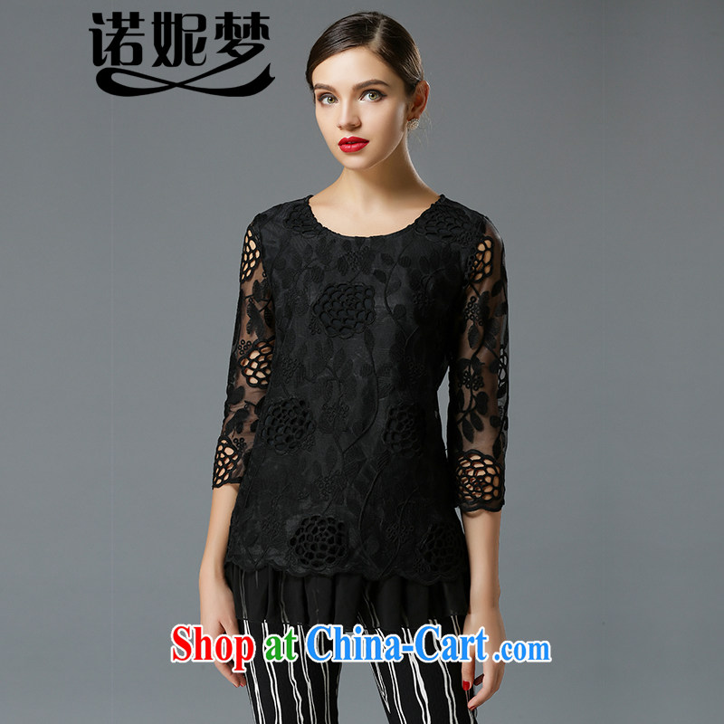 Connie, let the fat increase, female lace solid T-shirt high-end European and American 2015 spring new retro style t-shirt girl Y 3343 black XXXL