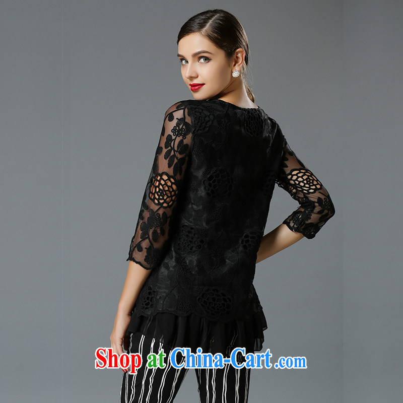 Connie, let the fat increase, female lace solid T-shirt high-end European and American 2015 spring new retro style t-shirt girl Y 3343 black XXXL, Connie dreams, shopping on the Internet