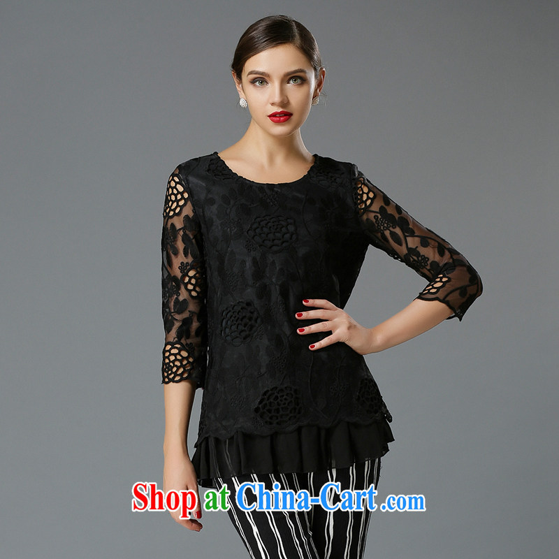 Connie, let the fat increase, female lace solid T-shirt high-end European and American 2015 spring new retro style t-shirt girl Y 3343 black XXXL, Connie dreams, shopping on the Internet