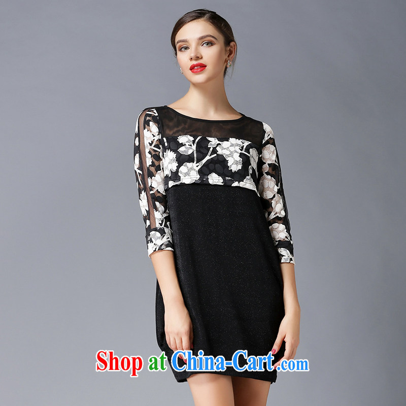 Connie, let the fat increase, women 2015 spring new high-end European and American style name-yuan, a yarn stitching graphics thin stamp dresses Y 3321 black XXXXL, Connie dreams, online shopping