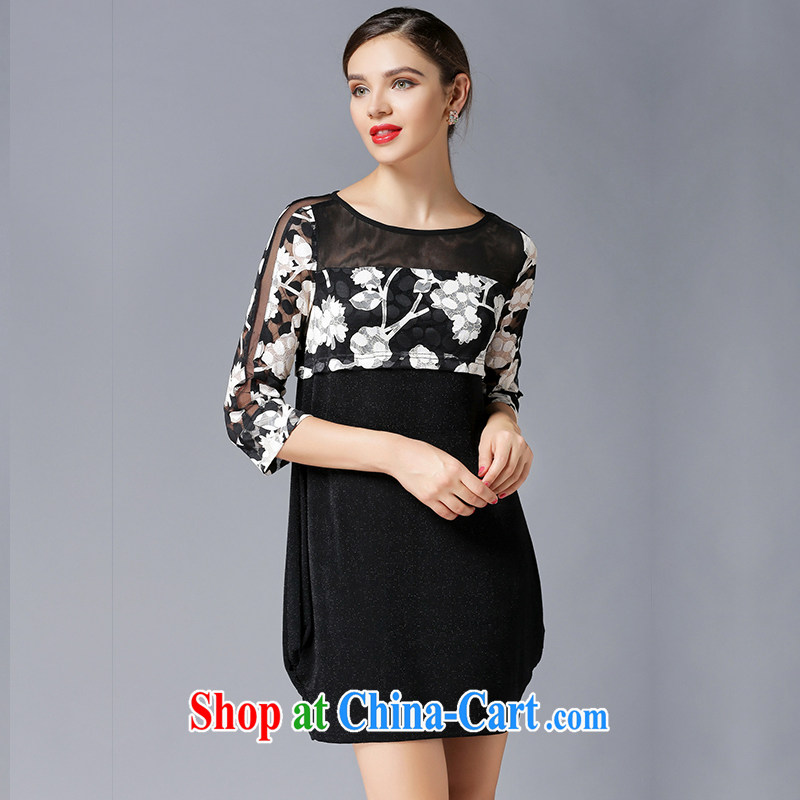 Connie, let the fat increase, women 2015 spring new high-end European and American style name-yuan, a yarn stitching graphics thin stamp dresses Y 3321 black XXXXL, Connie dreams, online shopping